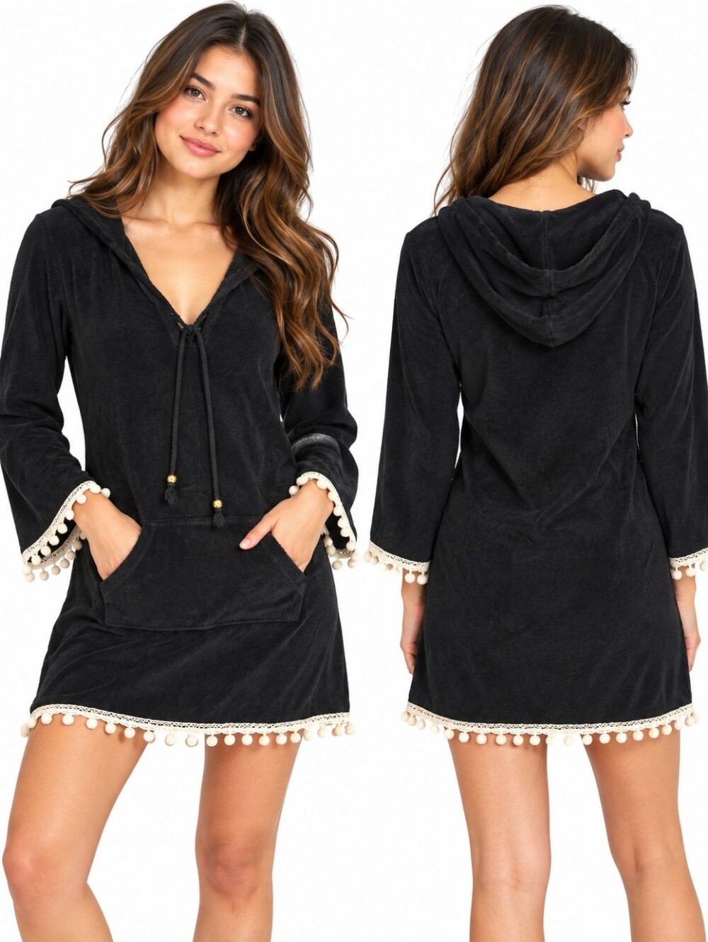 Juicy Couture Women’s Size S Black Hooded Tunic Dress Pom Pom Trim Boho